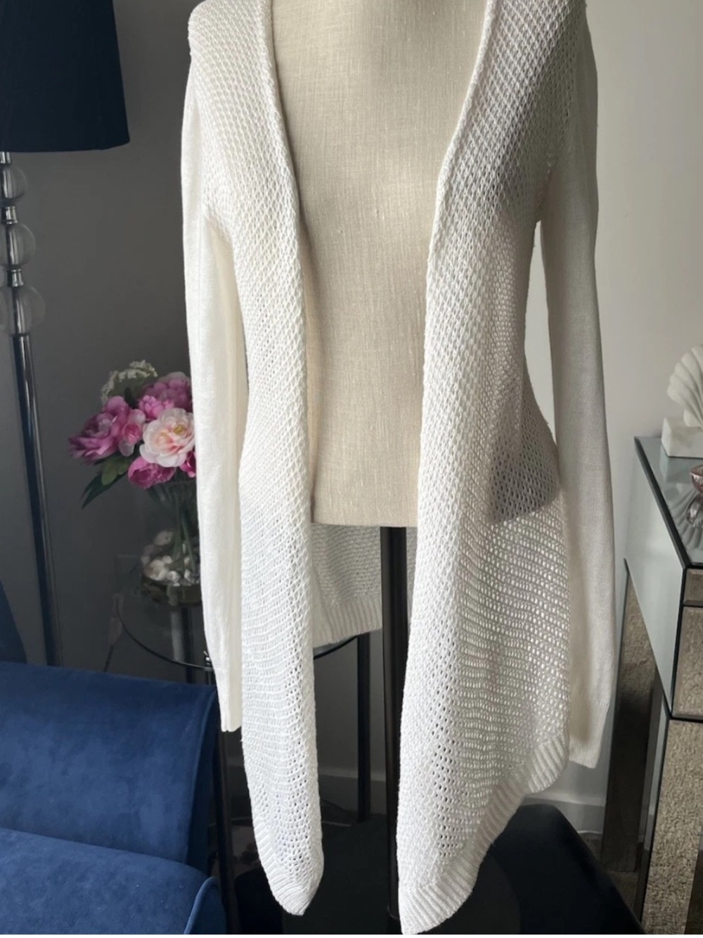 Women’s Loro Piana Logo Linen Silk Open Front Cardigan Sweater Size 40 White